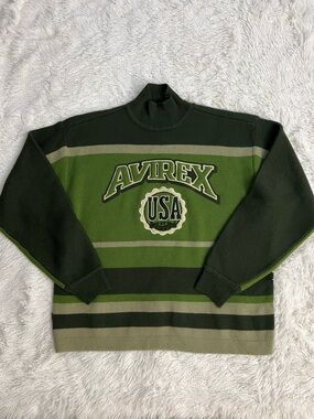 Vintage Avirex Green and Olive Striped Turtleneck Sweater with USA Emblem/A240